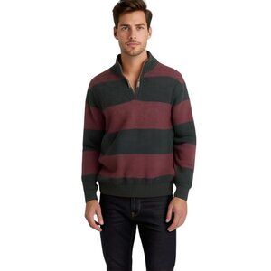 Preppy Ribbed 1/4 Zip Pullover Sweater Red Black Stripe Large Dad Knit Nautica